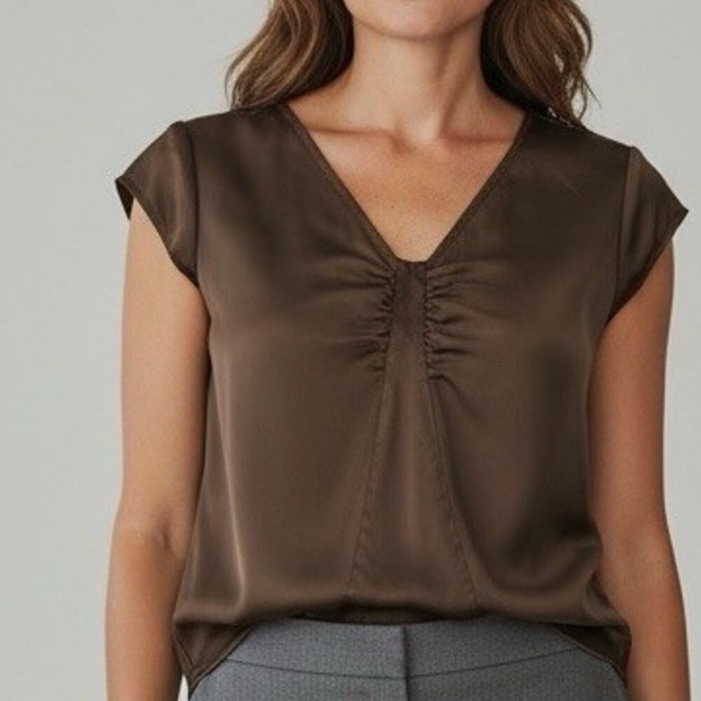 Talbots Pure Silk V Neck Pullover Top size 2 Bronze Brown Cap Sleeve Minimalist